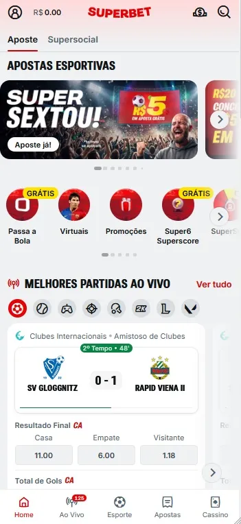 Superbet com promoção Super Sextou de R$5 em aposta grátis e partidas ao vivo com odds para amistoso de clubes