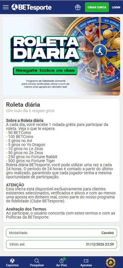 Roleta Diária BETesporte, rodada grátis com prêmios de até 500 giros no Fortune Tiger