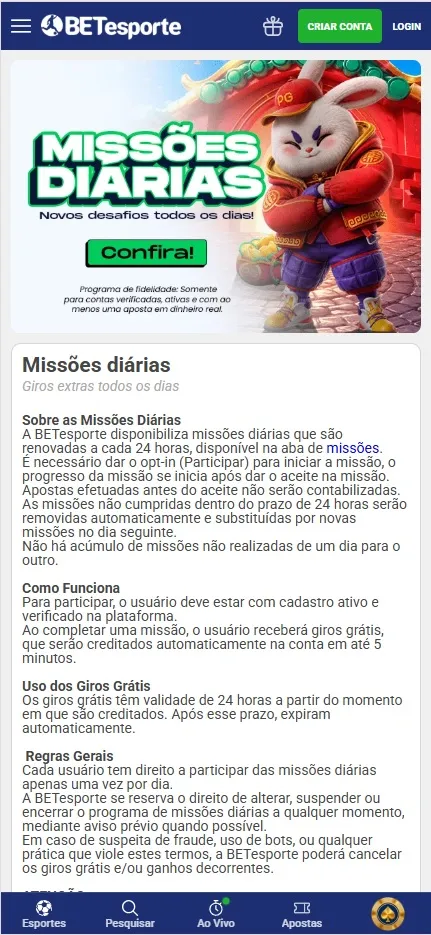 Missões Diárias BETesporte, giros grátis liberados ao completar desafios renovados a cada 24 horas