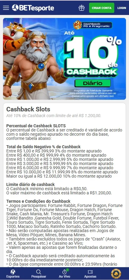 Cashback Slots BETesporte, até 10% de cashback diário com limite de R$1.200,00 em jogos PG e Pragmatic