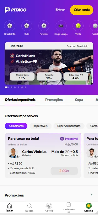Pitaco com Corinthians vs Athletico-PR pelo Brasileirão com odds 1.97, 3.15 e 4.20 e ofertas imperdíveis