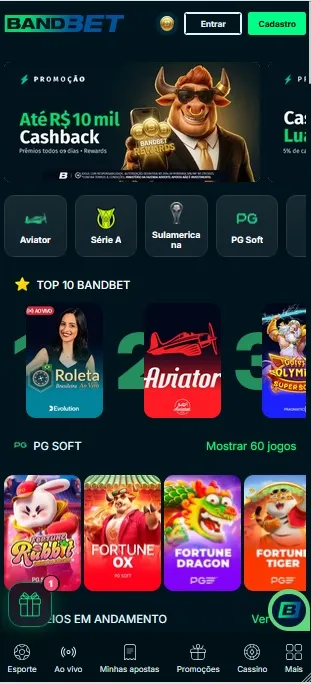 BandBet com cashback de até R$10 mil, top 10 jogos com Roleta ao vivo e Aviator, e slots da PG Soft