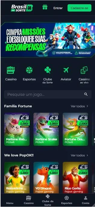 Brasil da Sorte com missões e recompensas, jogos da Família Fortune e PopOK Gaming com multiplicadores de até 5.000x