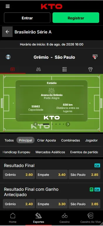 KTO com Grêmio vs São Paulo pelo Brasileirão Série A com odds 2.60, 3.40 e 2.85 na Arena do Grêmio