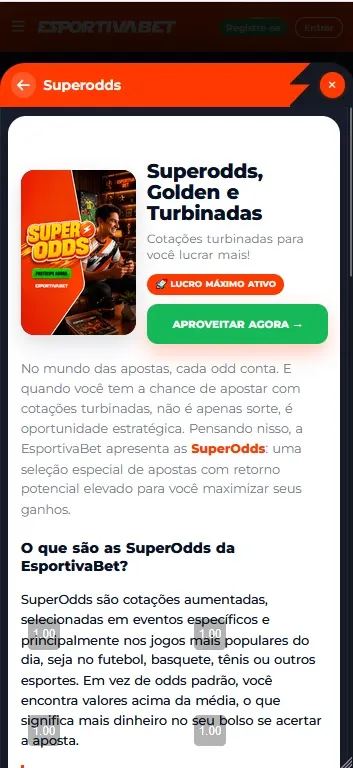 SuperOdds da EsportivaBet com cotações turbinadas e golden em futebol, basquete, tênis e outros esportes