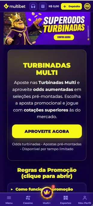 Multibet com promoção Turbinadas Multi oferecendo odds aumentadas em seleções pré-montadas por tempo limitado