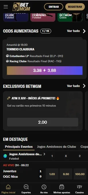 BetMGM com odds aumentadas de 3.38 para 3.88 no Torneio Clausura e exclusivo ATM x JUV com odd 2.00