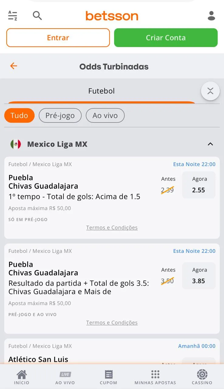 Página da promoção "Odds Turbinadas" da Betsson, com destaque para jogos do Campeonato Mexicano.