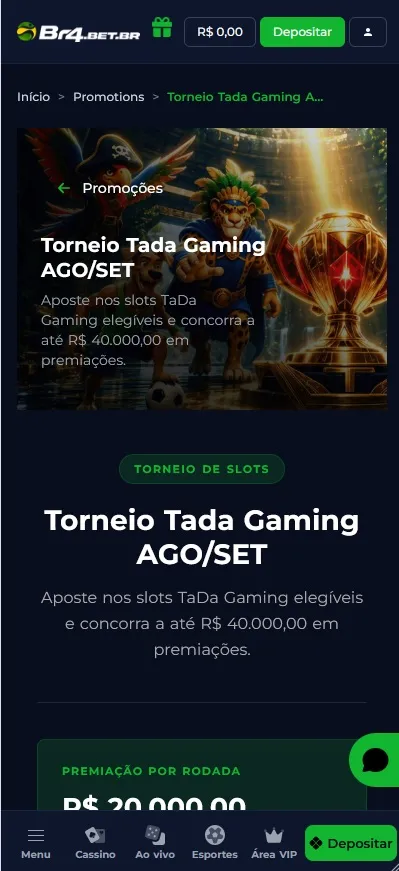 Torneio Tada Gaming Br4bet, premiação de até R$40.000,00 com R$20.000,00 por rodada