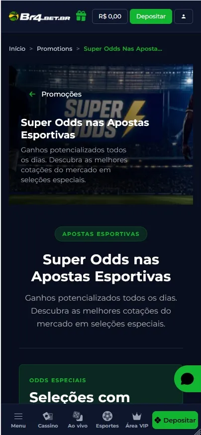 Promoção Super Odds Br4bet nas apostas esportivas com cotações especiais em seleções
