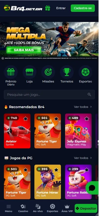 Página inicial Br4bet, banner da Mega Múltipla e recomendados como Aviator e Jelly Express