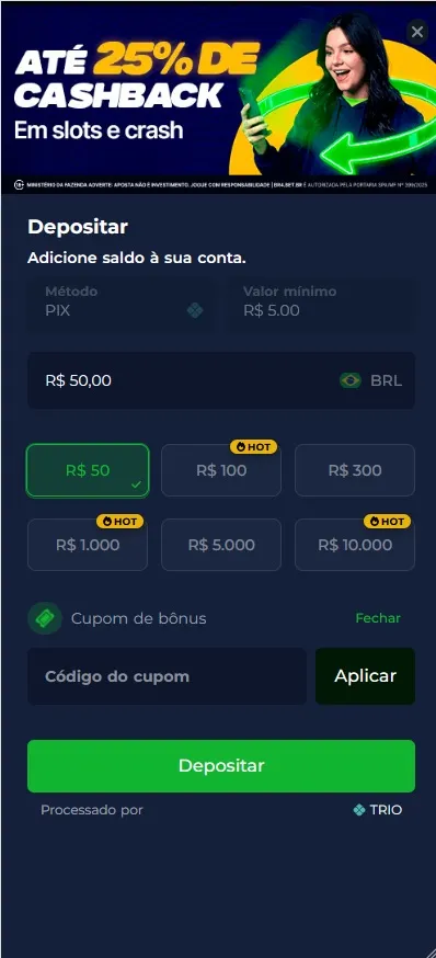Depósito Br4bet, valor mínimo de R$5,00 via Pix com opções de cashback