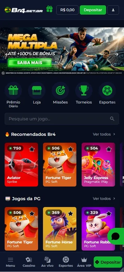 Página inicial Br4bet, promoção Mega Múltipla e jogos como Aviator e Fortune Tiger