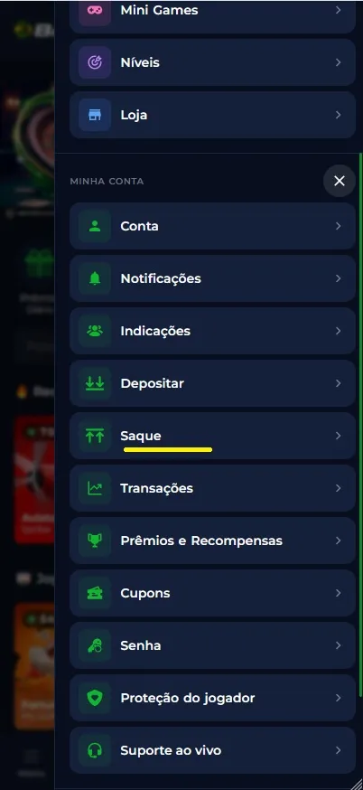 Menu de conta Br4bet, opção Saque destacada entre as opções disponíveis