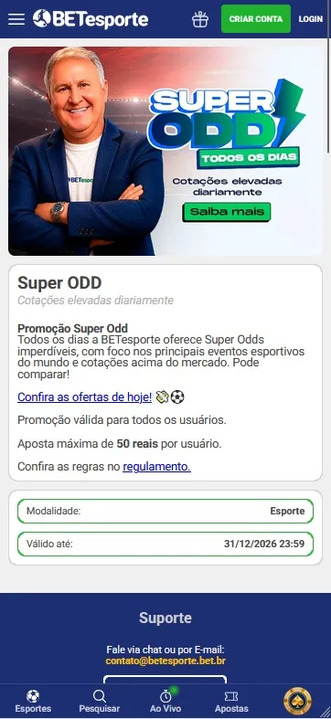 Super Odd BETesporte, cotações elevadas diariamente com aposta máxima de R$50 por usuário