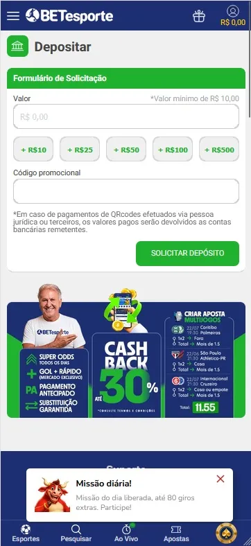 Depósito BETesporte, valor mínimo de R$10,00 com opções de cashback de até 30%