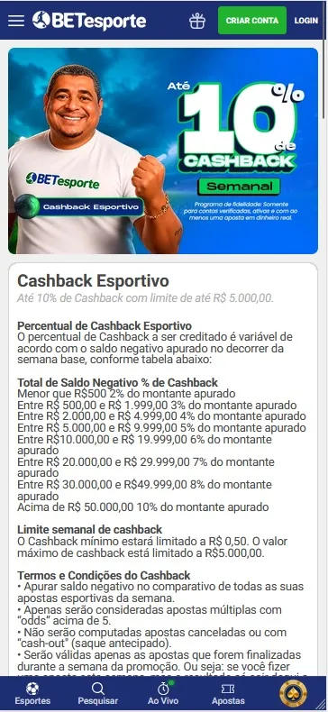 Cashback Esportivo BETesporte, até 10% de cashback semanal com limite de R$5.000,00 em apostas com odds acima de 5