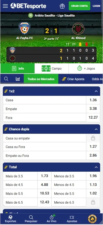 BETesporte, mercado Gol+Rápido no jogo Al-Fayha FC x Al Khloud pela Liga Saudita