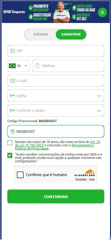 Cadastro BETesporte, formulário com código promocional MAXBOOST preenchido