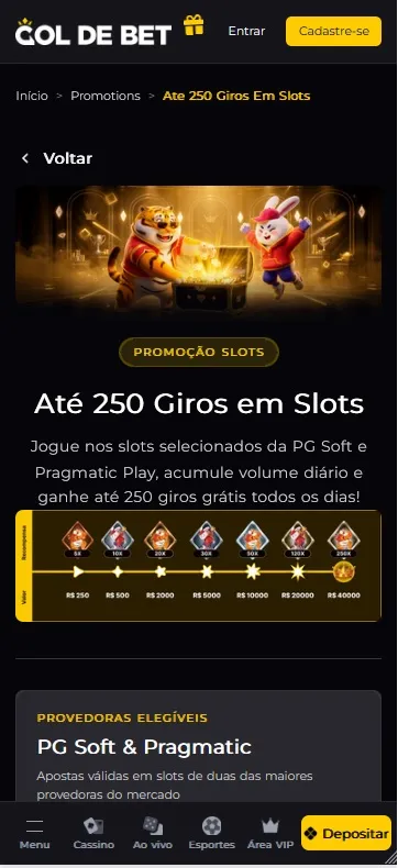 Até 250 Giros em Slots Gol de Bet, recompensas progressivas de até R$40.000 em jogos da PG Soft e Pragmatic Play