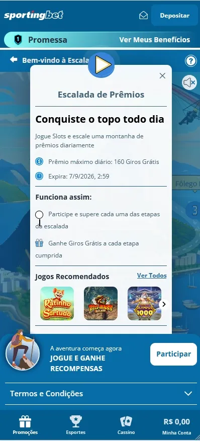 Escalada de Prêmios Sportingbet, até 160 giros grátis diários ao completar etapas em jogos de slots