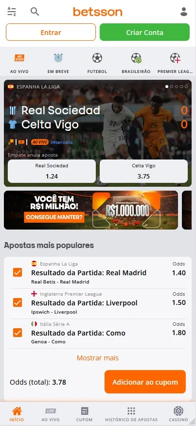 Betsson, odds ao vivo de Real Sociedad x Celta de Vigo e apostas mais populares com odds combinadas de 3.78
