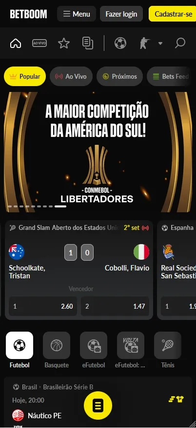 Betboom, banner da Conmebol Libertadores e odds ao vivo de Real Sociedad x San Sebastian
