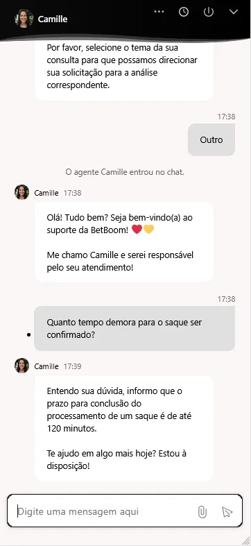 Chat de atendimento Betboom, prazo de até 120 minutos para confirmação do saque