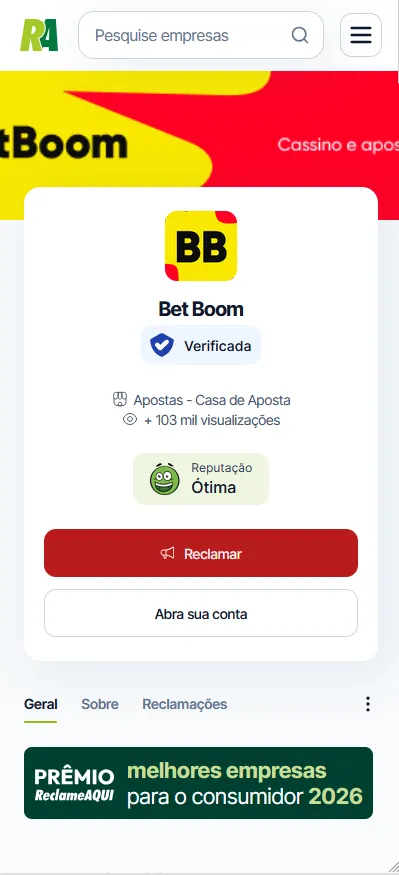 Perfil Betboom no Reclame Aqui, reputação Ótima e mais de 103 mil visualizações