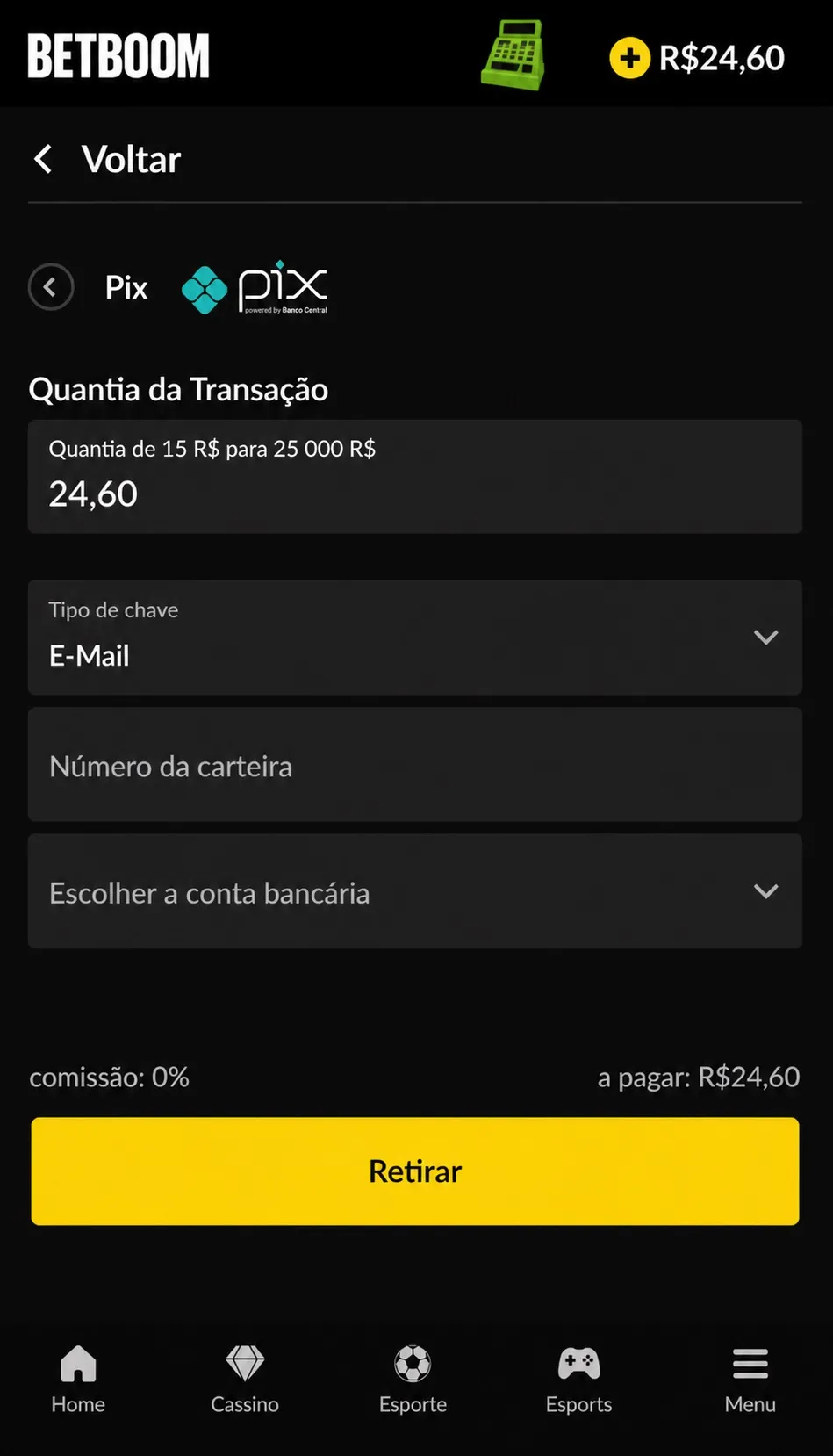 Saque Betboom via Pix, valor de R$24,60 com limite entre R$15 e R$25.000 e comissão de 0%