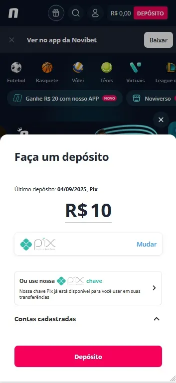 Depósito via Pix na Novibet com valor de R$10 e opção de chave Pix disponível para transferência