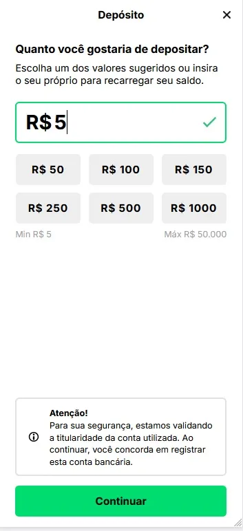 Depósito na KTO com valor mínimo de R$5 e máximo de R$50.000 com opções de R$50 a R$1.000