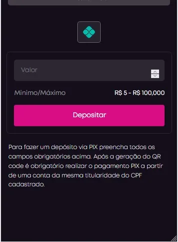 Depósito via Pix na VBET com valor mínimo de R$5 e máximo de R$100.000 vinculado ao CPF cadastrado
