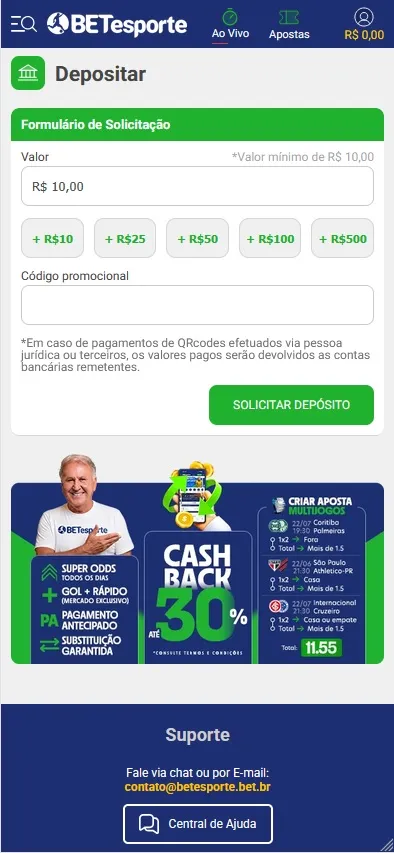 Depósito na BETesporte com valor mínimo de R$10, código promocional e cashback de até 30%