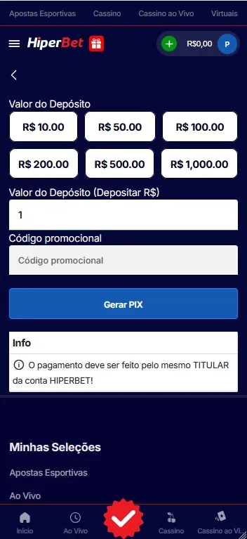 Depósito via Pix na HiperBet com valores de R$10 a R$1.000 e campo para código promocional