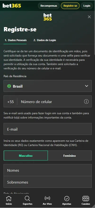 Seção de cadastro na plataforma bet365 com campos para se registrar