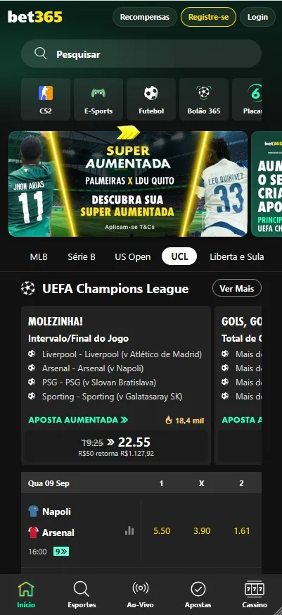 Casa de apostas bet365 com mercados para jogos da UEFA Champions League