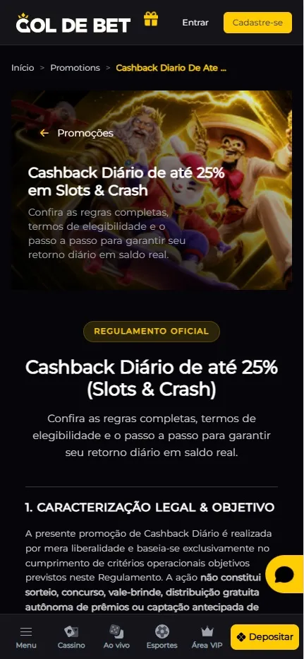 Cashback diário de até 25% na Gol de Bet em slots e crash com retorno em saldo real e regulamento oficial
