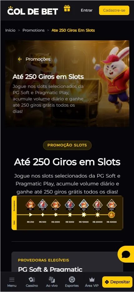Promoção de até 250 giros grátis na Gol de Bet em slots da PG Soft e Pragmatic Play com volume diário acumulado