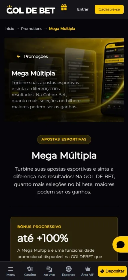 Promoção Mega Múltipla na Gol de Bet com bônus progressivo de até 100% quanto mais seleções no bilhete