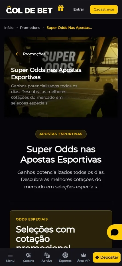 Promoção Super Odds na Gol de Bet com cotações especiais e ganhos potencializados todos os dias em apostas esportivas