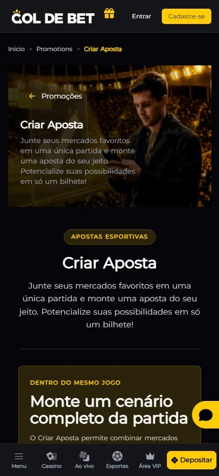 Recurso Criar Aposta na Gol de Bet para combinar mercados favoritos em uma única partida no mesmo bilhete