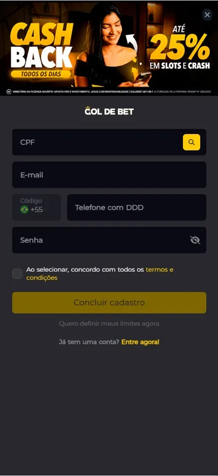 Cadastro na Gol de Bet com campos de CPF, e-mail, telefone e senha e banner de cashback de até 25% em slots e crash