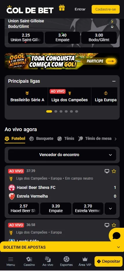 Gol de Bet com apostas ao vivo no Brasileirão Série A, Liga dos Campeões e Liga Europa com odds em tempo real