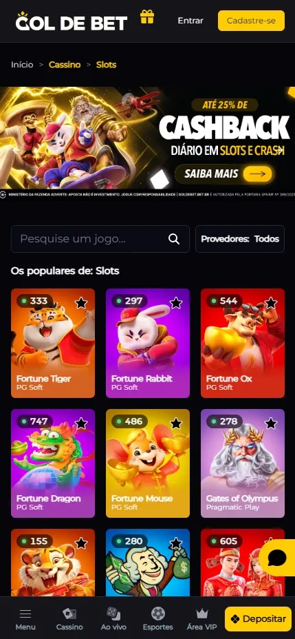 Cassino da Gol de Bet com slots populares da PG Soft como Fortune Tiger, Fortune Rabbit e Fortune Ox com cashback de 25%