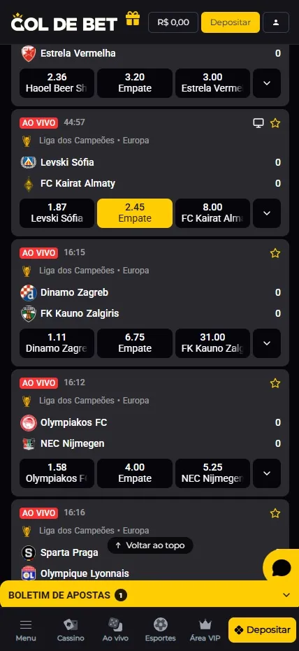 Gol de Bet com jogos ao vivo da Liga dos Campeões e odds para Levski Sófia, Dinamo Zagreb e Olympiakos FC