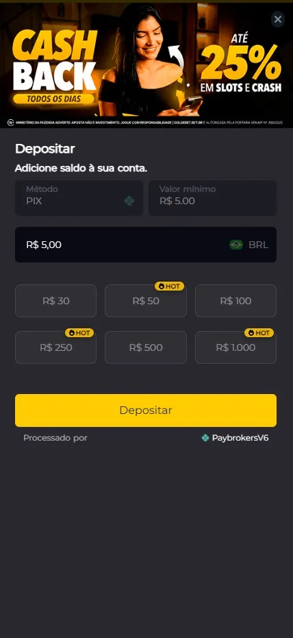 Depósito via Pix na Gol de Bet com valor mínimo de R$5,00 e opções de R$30 a R$1.000 processado por PaybrokersV6