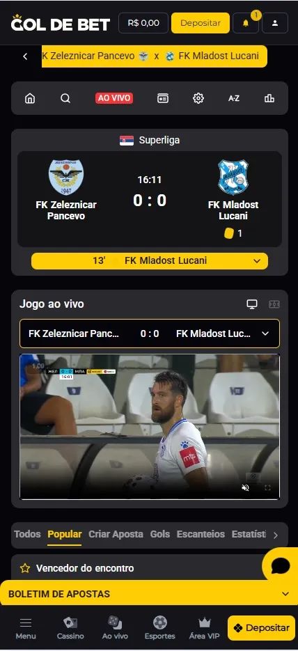 Gol de Bet com transmissão ao vivo de FK Zeleznicar Pancevo 0x0 FK Mladost Lucani pela Superliga aos 16 minutos