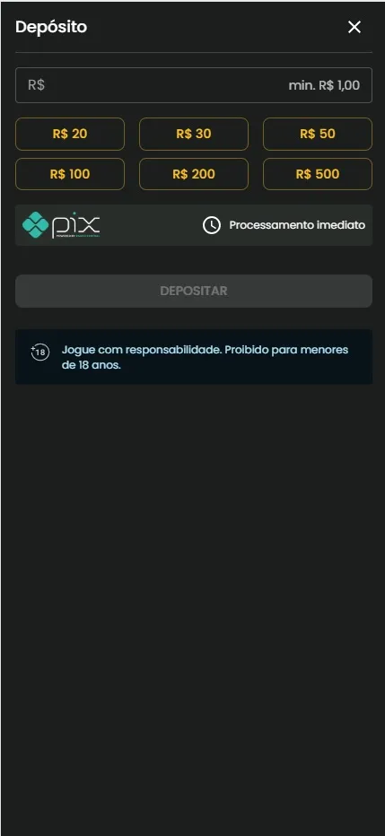 Jogo de Ouro depósito mínimo de R$ 1 via Pix com processamento imediato