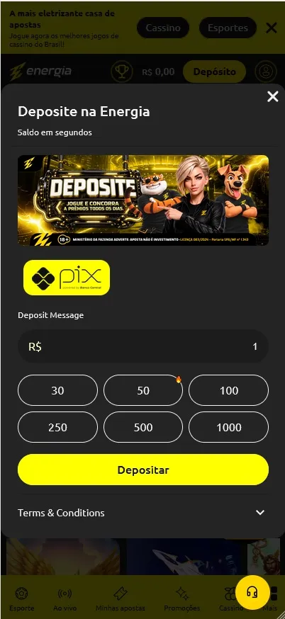 Energia Bet depósito via Pix com valores de R$ 30 a R$ 1.000 e promoção de prêmios diários